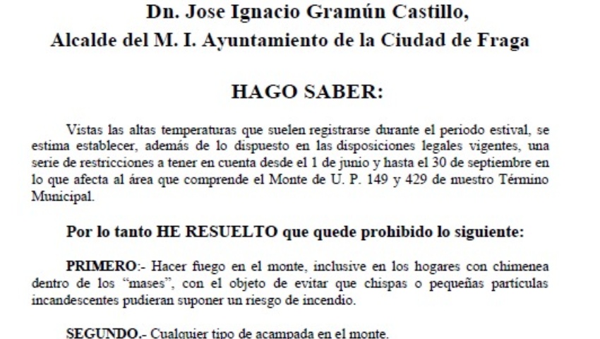 El alcalde emite un bando sobre la prevención de incendios en el monte de Fraga