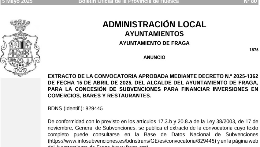 Publicada la convocatoria de subvenciones de inversión para comercios, bares y restaurantes